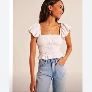 Abercrombie and Fitch Flutter Sleeve Smocked Top White Medium NWT
